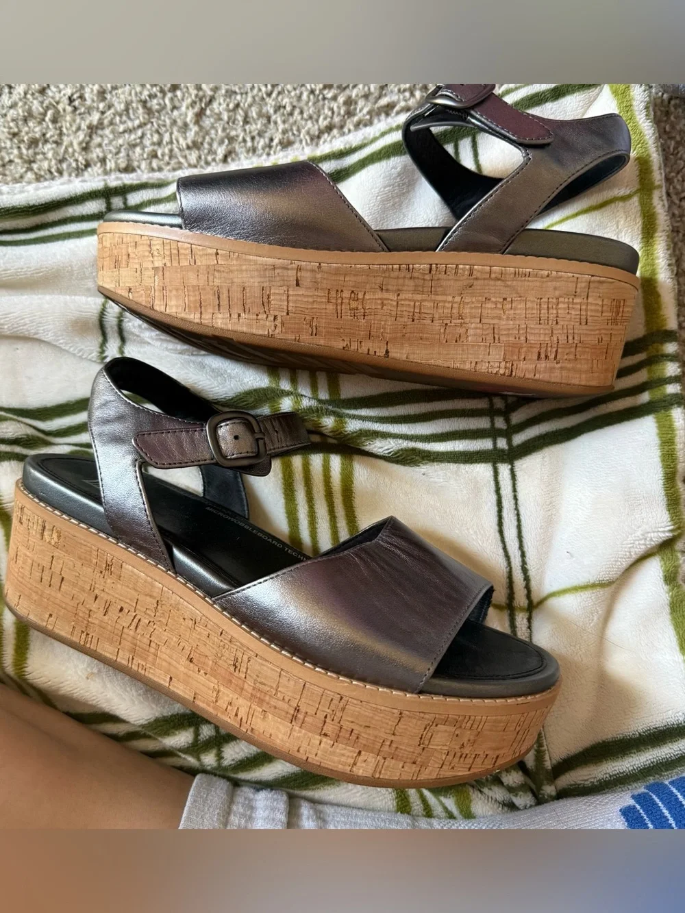 Fitflop Metallic Gray Platform Sandals with Cork-Look Wedge
